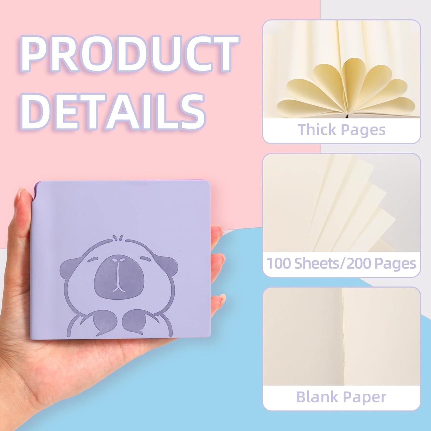 BOBO RABBIT 3 Pack Mini Blank Notebooks Pocket Size Unlined Paper Journal Notebook 200 Pages Sketch Book Small Softcover Leather No Line Sketchbook Cartoon Capybara Pattern for Drawing Sketching Travel Lay Flat, 3.9"x3.9" Inner(Mini Square)