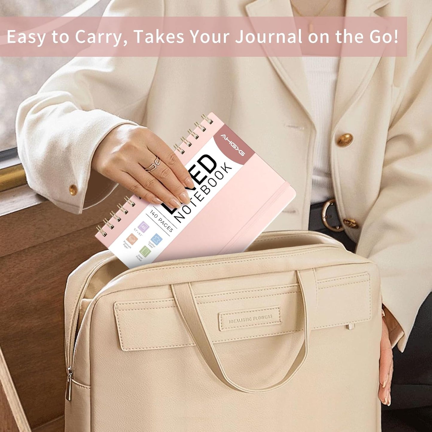 AHGXG Lined Spiral Notebook Journal for Women, 140 Pages Hardcover Leather Notebook College Ruled, A5 5.7" x 8.3", 100 GSM Thick Paper, Notebooks for School Work, Journals for Writing, Rose Gold