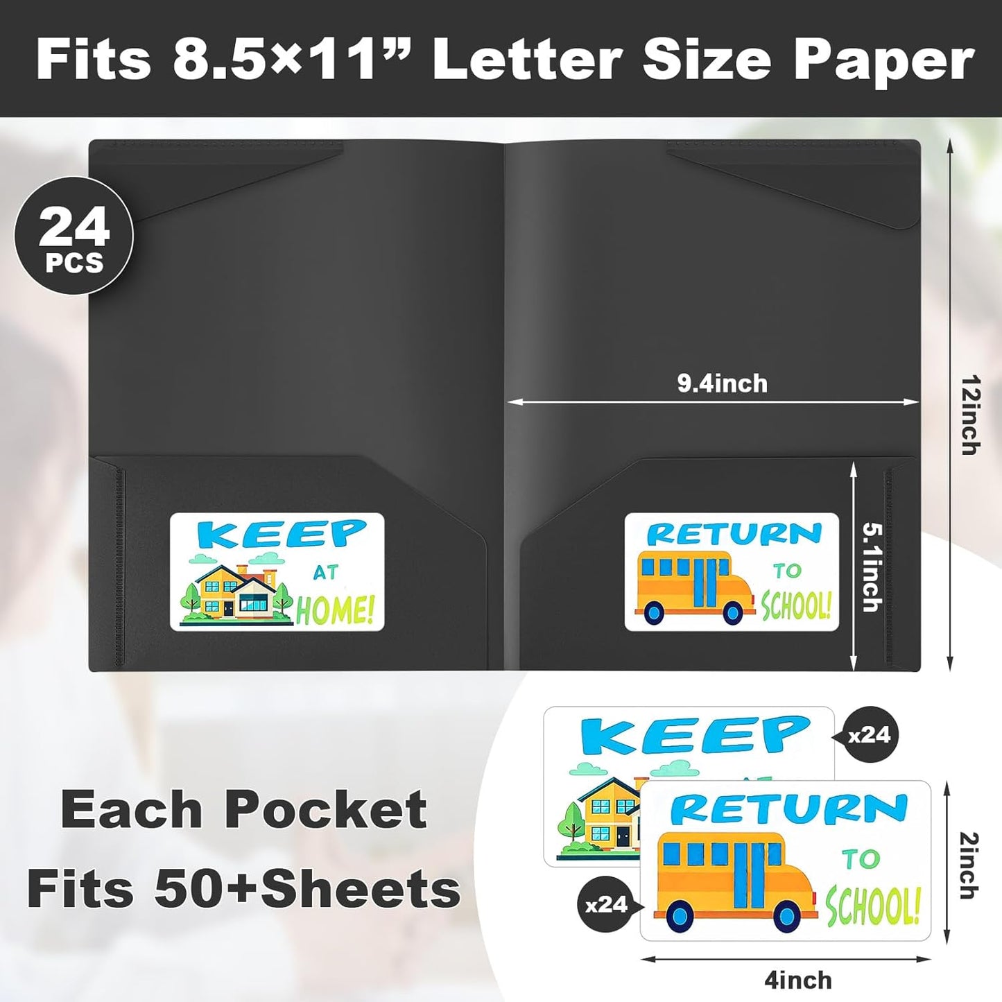 Henoyso 24 Set Parent Teacher Communication Folder with Clear Front Pocket Take Home Heavy Duty 2 Pocket Homework Folder for Student with School and Home Stickers, 12 x 9.45 Inch(Black)