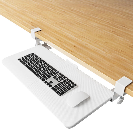 NearHub Large Keyboard Tray Under Desk Slide Out with Extra Sturdy C Clamp Mount System,26'' (30'' including Clamps) x11 Slide-Out Keyboard Drawer Under Desk for Typing,Keyboard Mouse Tray,White