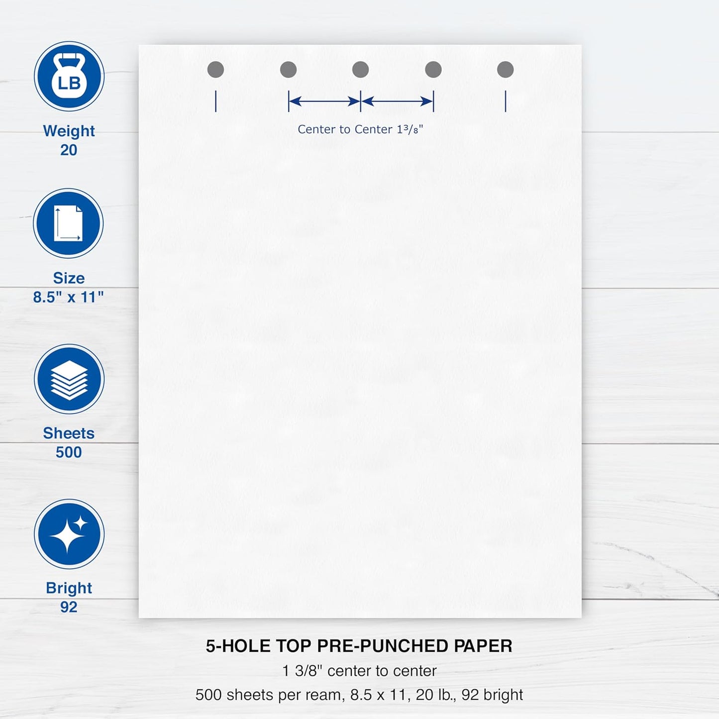 PrintWorks Professional 5 Hole Punch Top Paper - Pre-Punched for Folders, Binders, & Clipboards - Made in the USA - 500 Sheets - 8.5" x 11" - 20 lb - 92 Bright White (04108)