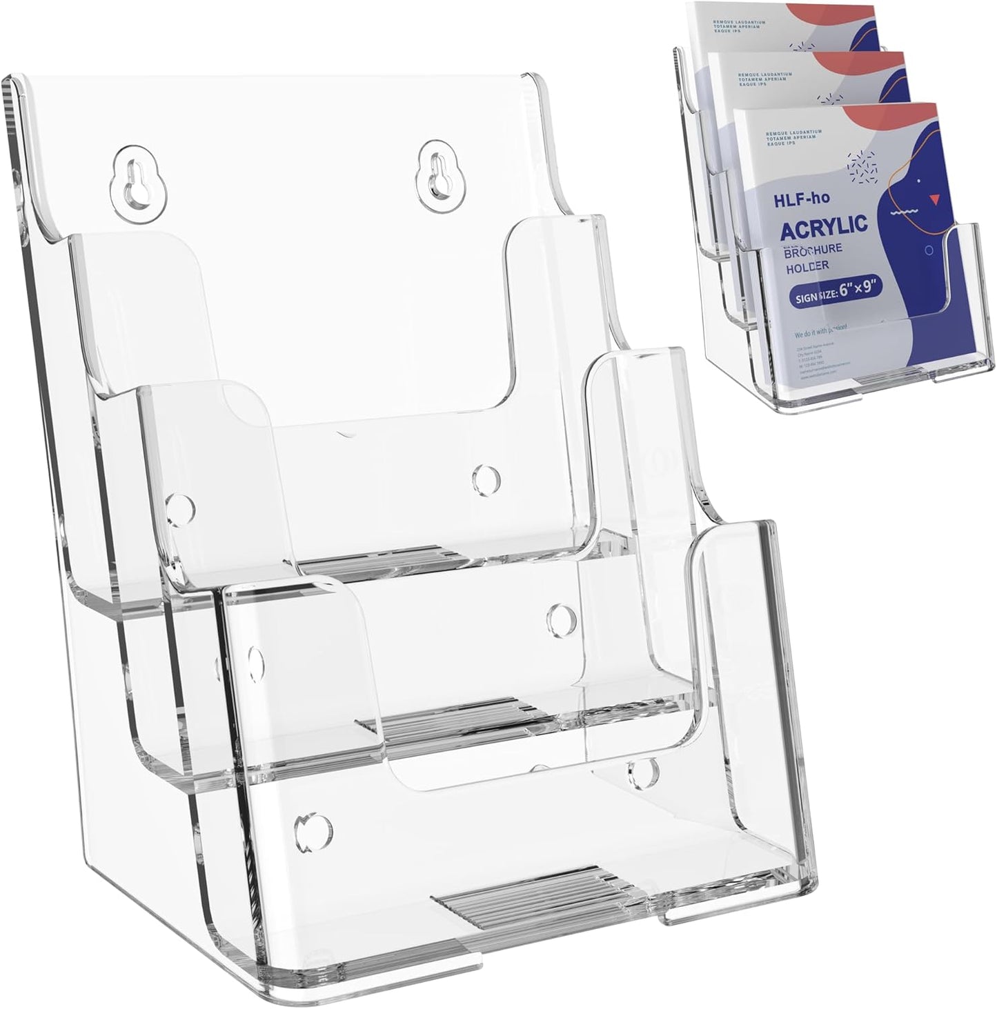 Brochure Holder 6x8 Inch 3 Tier Acrylic Literature Holders Clear Plastic Flyer Display Stand Countertop Use or Wall Mount Pamphlet Holder Organizer for Office, Lobby, Hotel, Trade Show, 1 Pack
