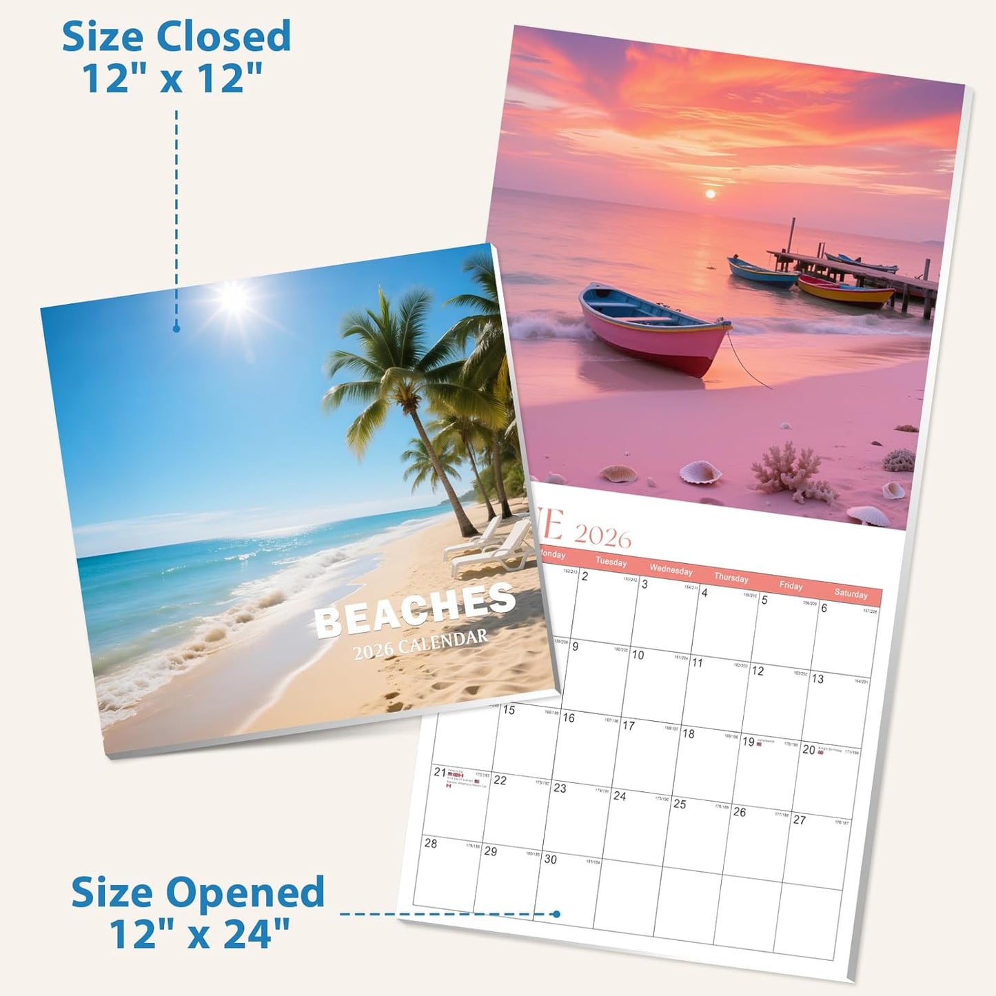 2026 Calendar, 2026 Wall Calendar, Monthly Calendars 12 Month Beach 12" x 24" Opened, Thick Glossy Paper for Organizing Planning, Ideal for Home Office