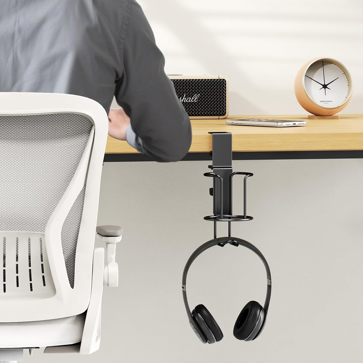 2 in 1 Desk Cup Holder with Headphone Hanger Holder, Anti-Spill Clip-On Table Cup Hook with 360° Rotation for Lawn Chair, Office Home Gaming Table (1 Pack)