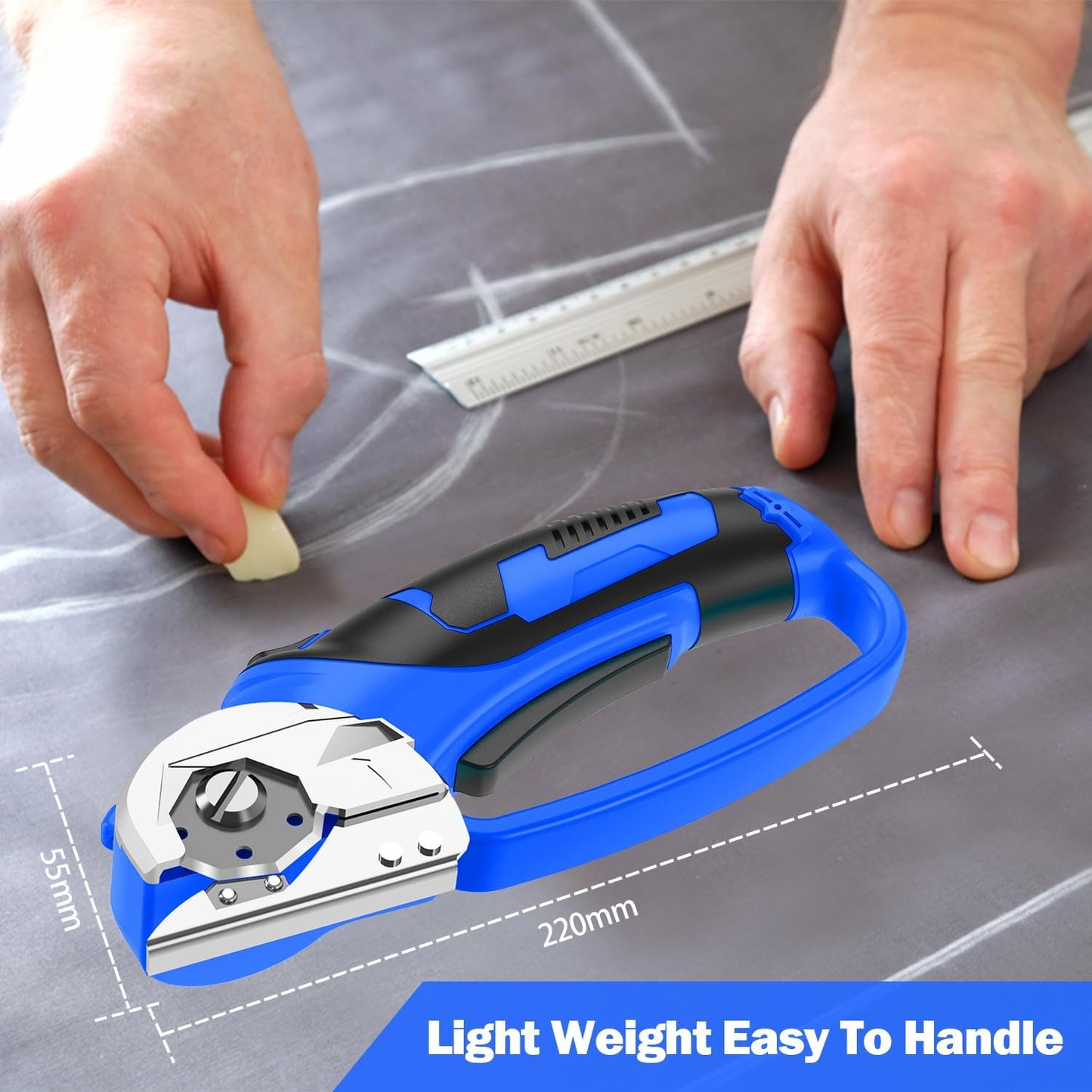 Cordless Electric Scissors, 4V Box Cutter & Cardboard Cutter with 2 Titanium Blades - Rotary Cutter with LED Light for Fabric, Leather, Carpet, Plastic, Crafting + Storage Case (Royal Blue)