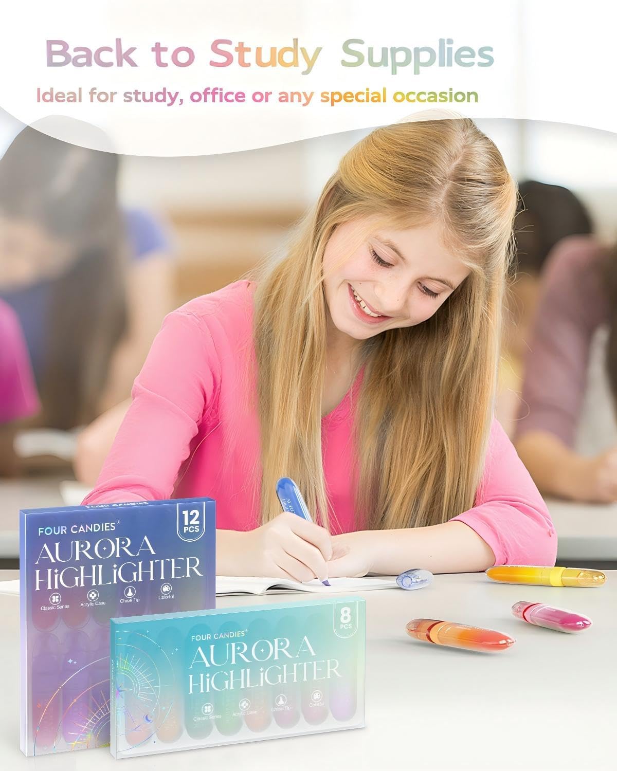 Four Candies 8 Pcs Highlighters Assorted Colors, Cute Pastel Highlighter Set, Quick-Dry, Soft Chisel Tip, No Bleed Bible Highlighter, Aesthetic Highlighters for Christmas