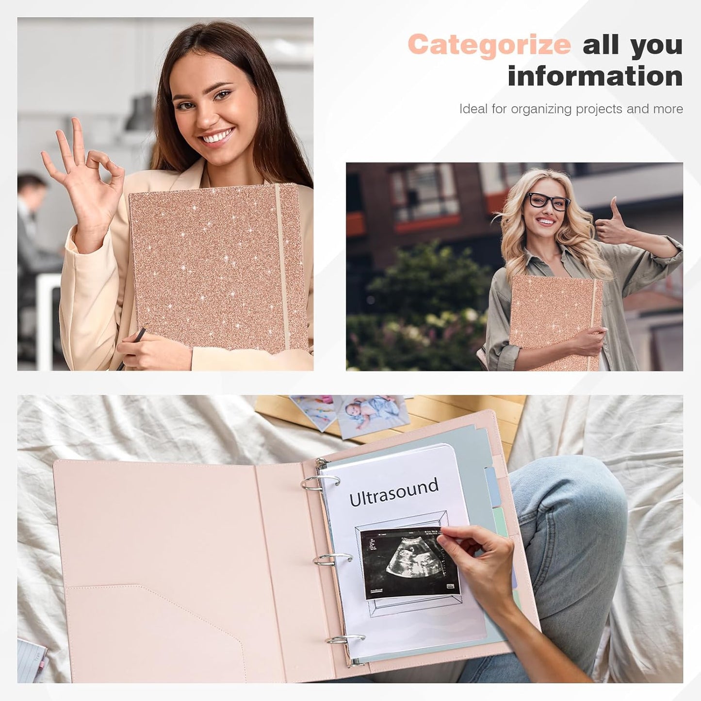 Ospelelf 3 Ring Binder with Clipboard, 2 Inch Leather, Letter Size (8.5" x 11") Dividers with 5 Tabs, Rose Gold