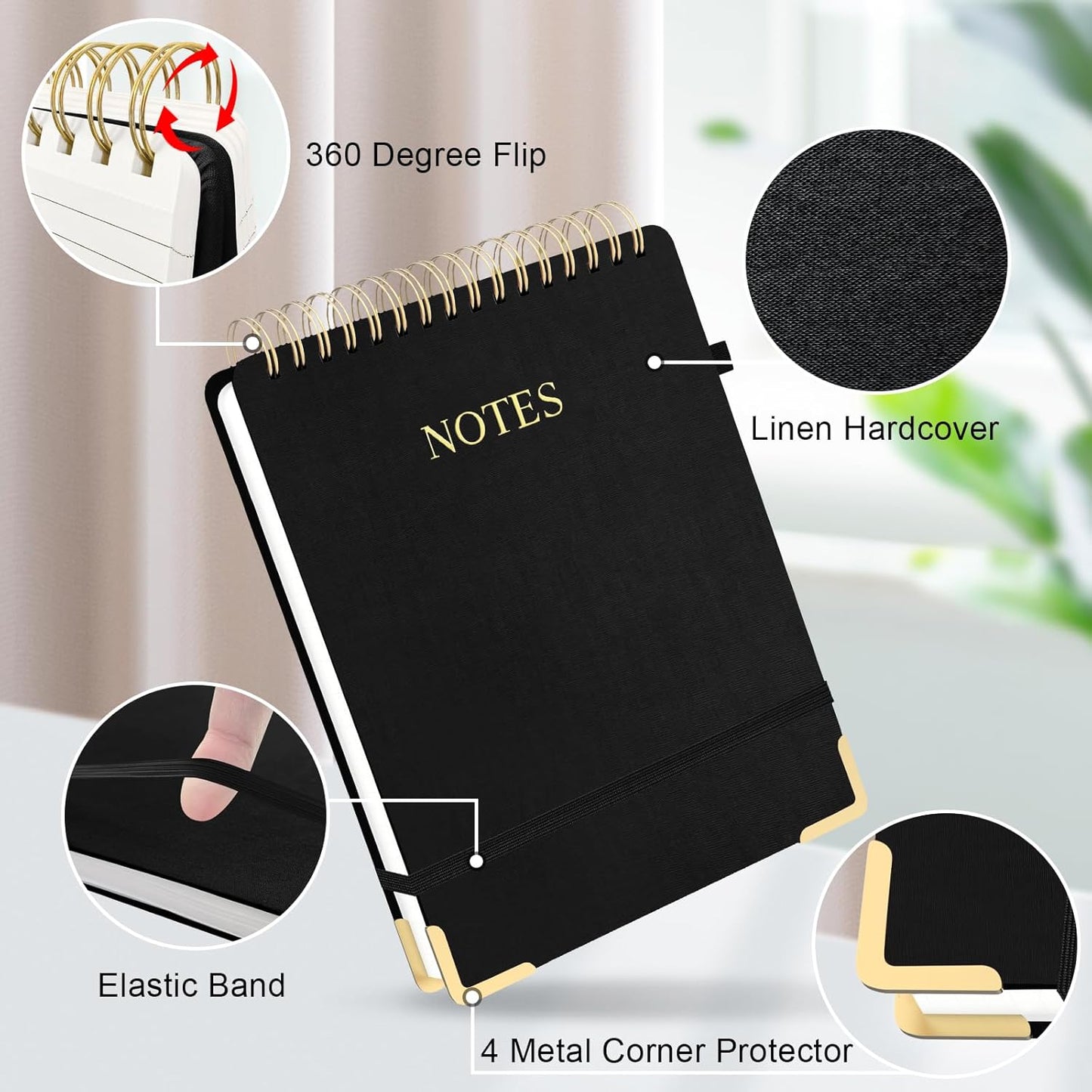 Aesthetic Top Spiral Notebook, A4 Large Linen Hardcover Top Bound Steno Pads, 240 Pages 100gsm Thick Lined Paper Left Handed Notebook Journal for Work, School, Church Writing - Black, 8.5" x 11"