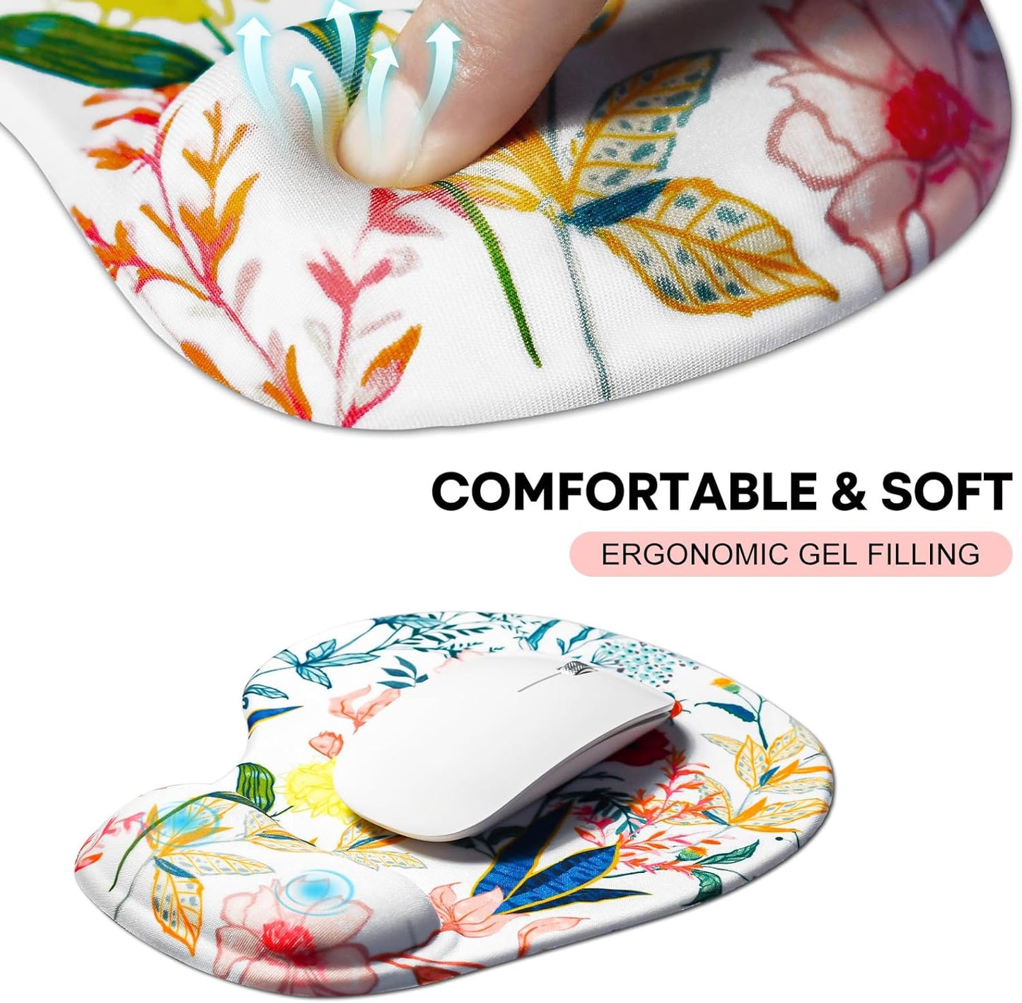 JIKIOU Mouse Pad, 2 Pack Ergonomic Mouse Pads with Comfortable Gel Wrist Rest Support and Smooth Cloth, Non-Slip PU Base for Easy Typing Pain Relief Durable and Easy to Clean Small White Flowers