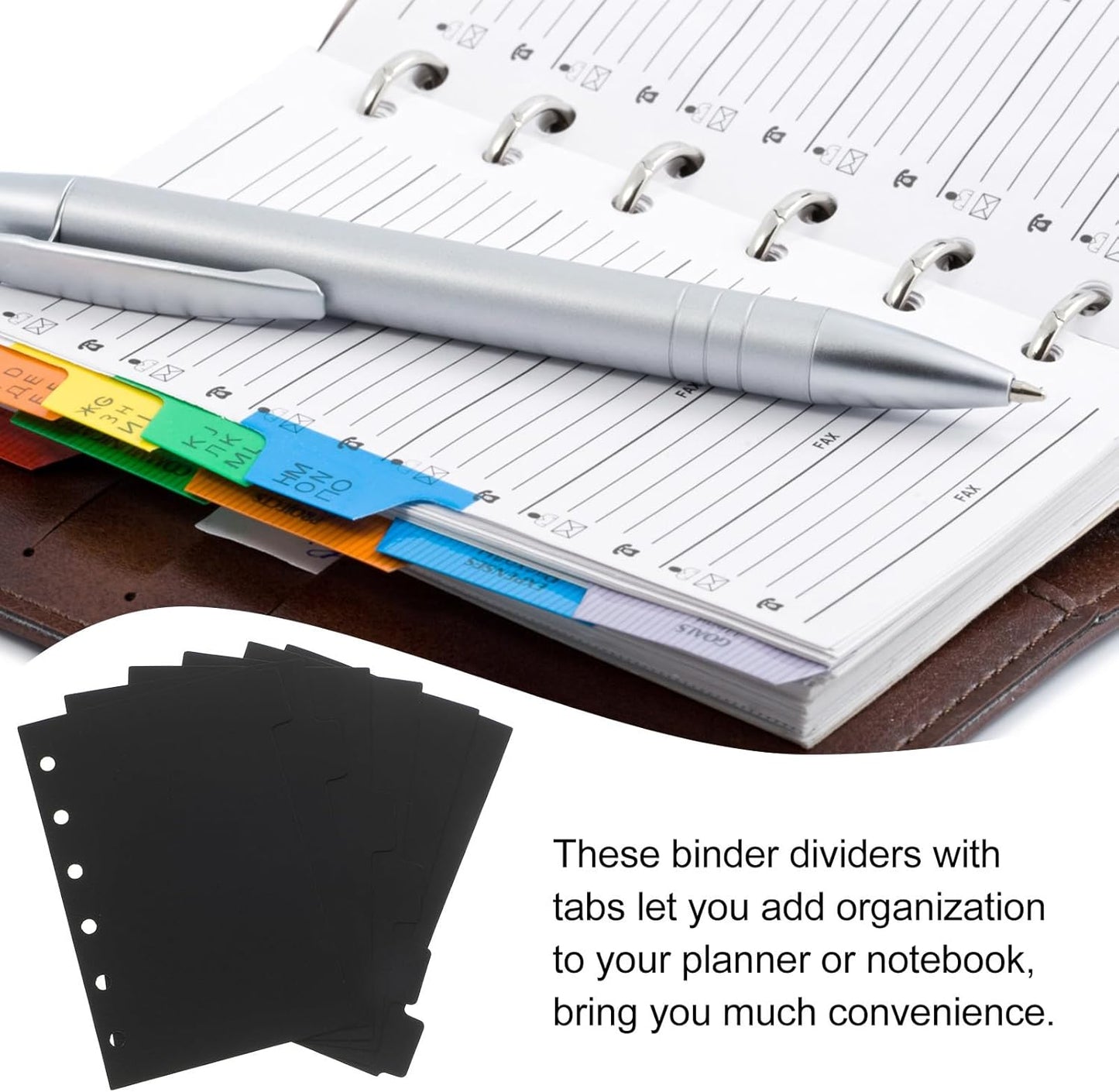 6 Sheets Binder Paper Dividers with Tabs Black PP Inserts for Notebook Organizers Office Supplies for Journals Planners Agendas and School Binders