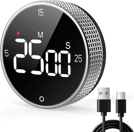 USB Rechargeable Magnetic Kitchen Timer for Cooking, Building 800mAh Battery Large Display Digital Countdown Timer, 3 Preset 5/15/25 Mins Loud Alarm for Baking Grilling Studying - Silver