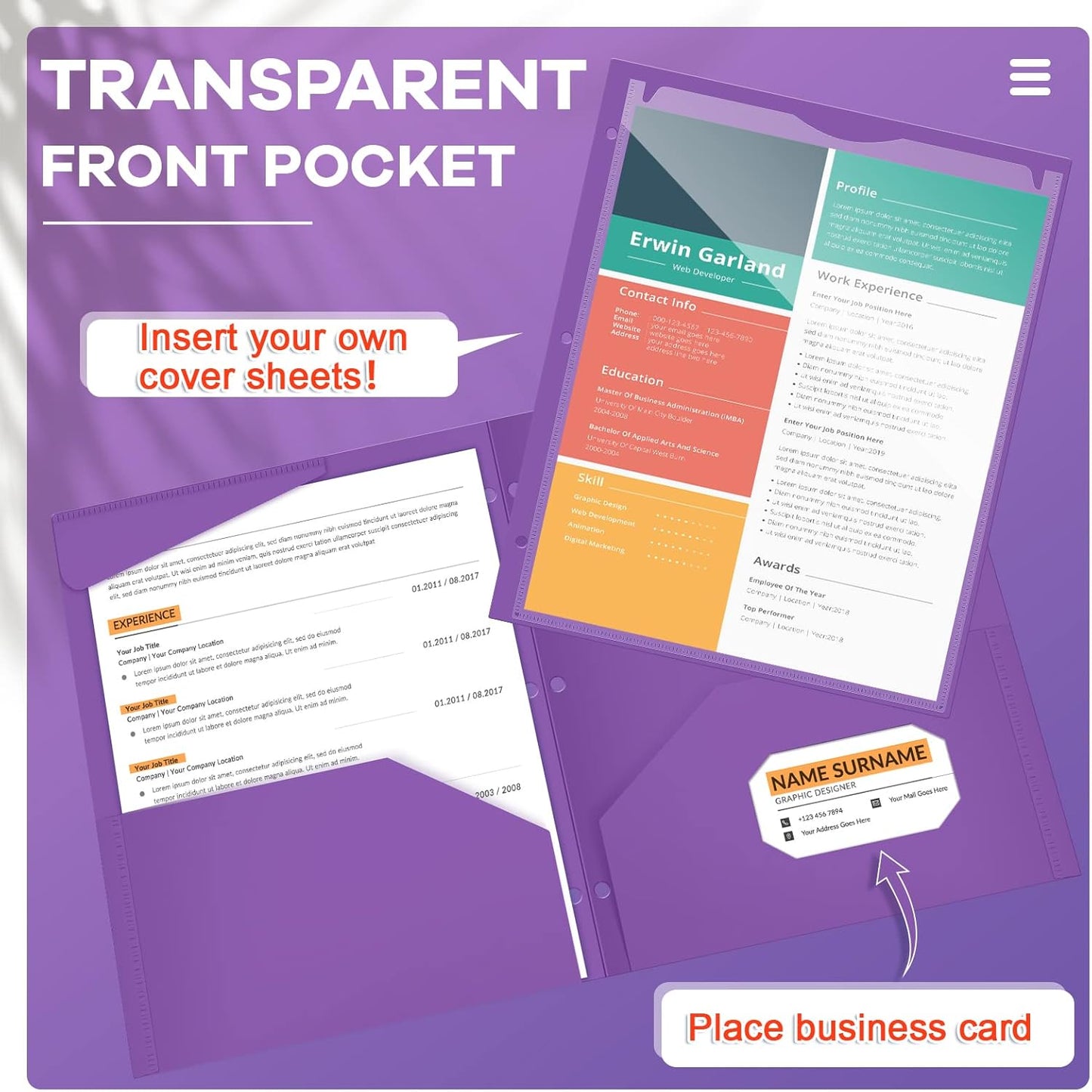 Henoyso 36 Pcs 2 Pocket Plastic Folders with Clear Front Pocket 3 Hole Punched File Folder Letter Size Take Home Documents Holder for Paper Holder Office Business Back to School Supply (Purple)