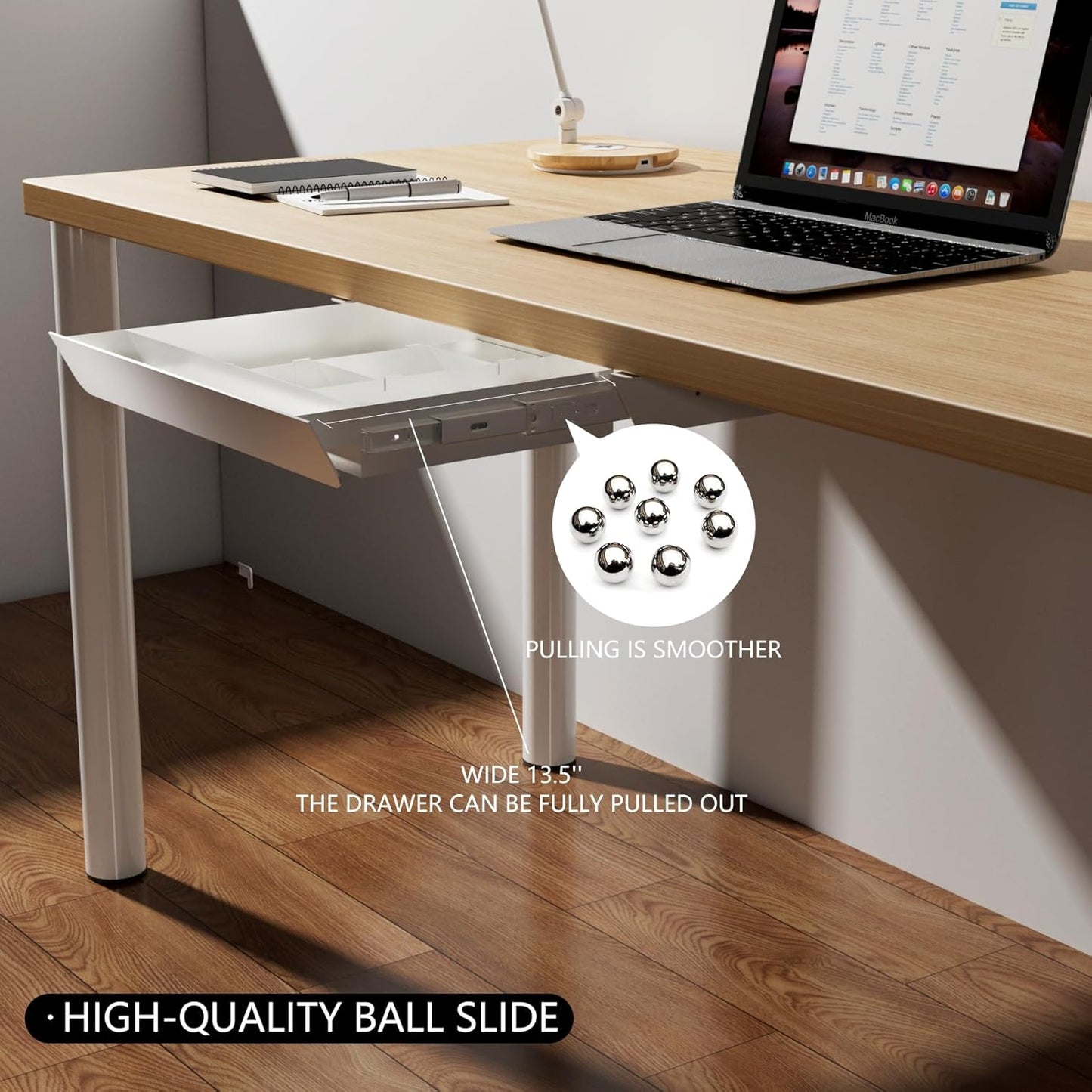 White Under Desk Sliding Pull-out Drawer with Pencil Tray and Slide Storage Tray, 17'' long & 13.5'' deep Large Organizer for Sit Stand Workstation…