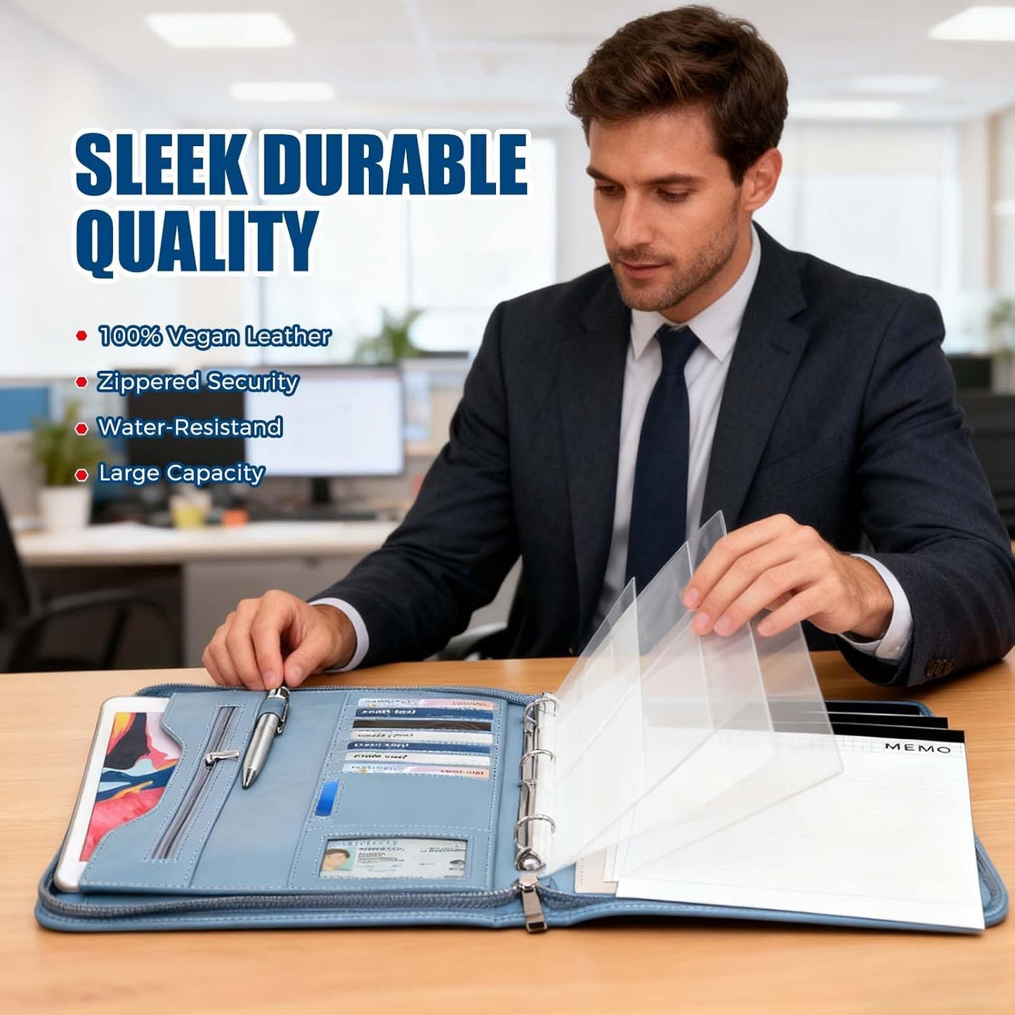 Padfolio Portfolio Folder Binder-Organizer Planner Notebook Zippered Portfolio Padfolio for Women & Men with Document Sleeve,Letter/A4 Size Clipboard,Business Card Holders (Grey Green)