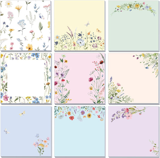 9 Pads Wildflower Sticky Notes 3x3 Inch Cute Self Stick Notepads Notes Adhesive Memo Pad Office Decor Gifts for Students School Teacher Meeting Office Supplies