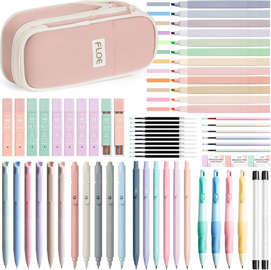 65PCS Aesthetic School Supplies with Cute Pencil Case, Pastel Highlighters Gel Pens Mechanical Pencils Set 0.5 0.7 & 2.0mm, Office Back to School Supplies College Essentials Kit Student Stationary Set