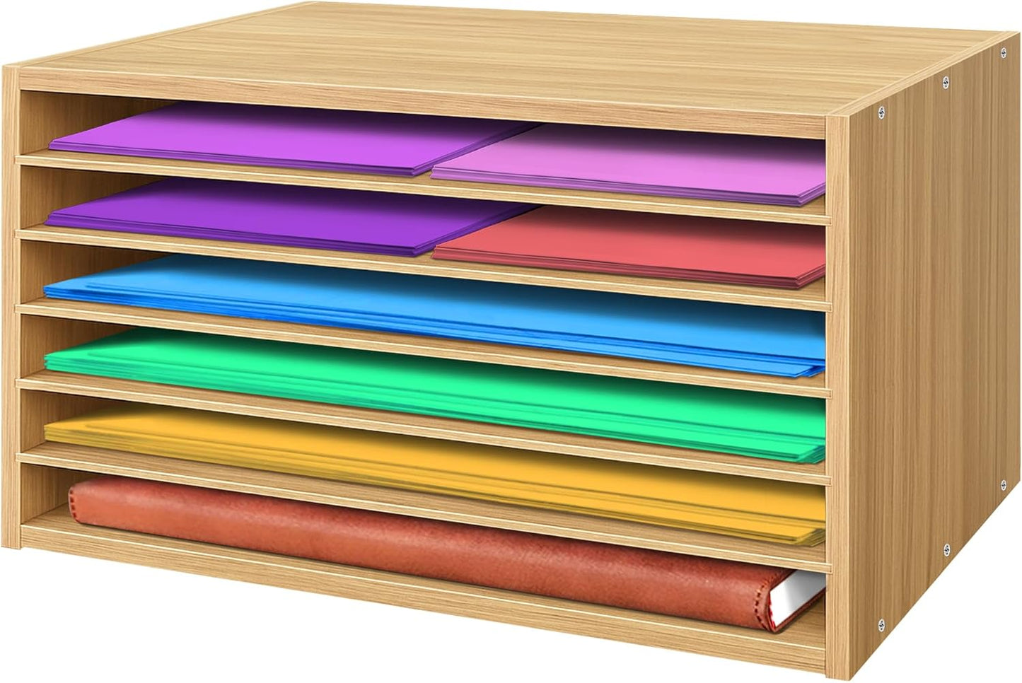 PROLEE Construction Paper Organizer 20" x 13.5" x12.2",Soild Wooden Paper Organizer with 6-Tier Letter Trays, Desktop File Papers Sorter for Home, Classroom and Office (Oak)