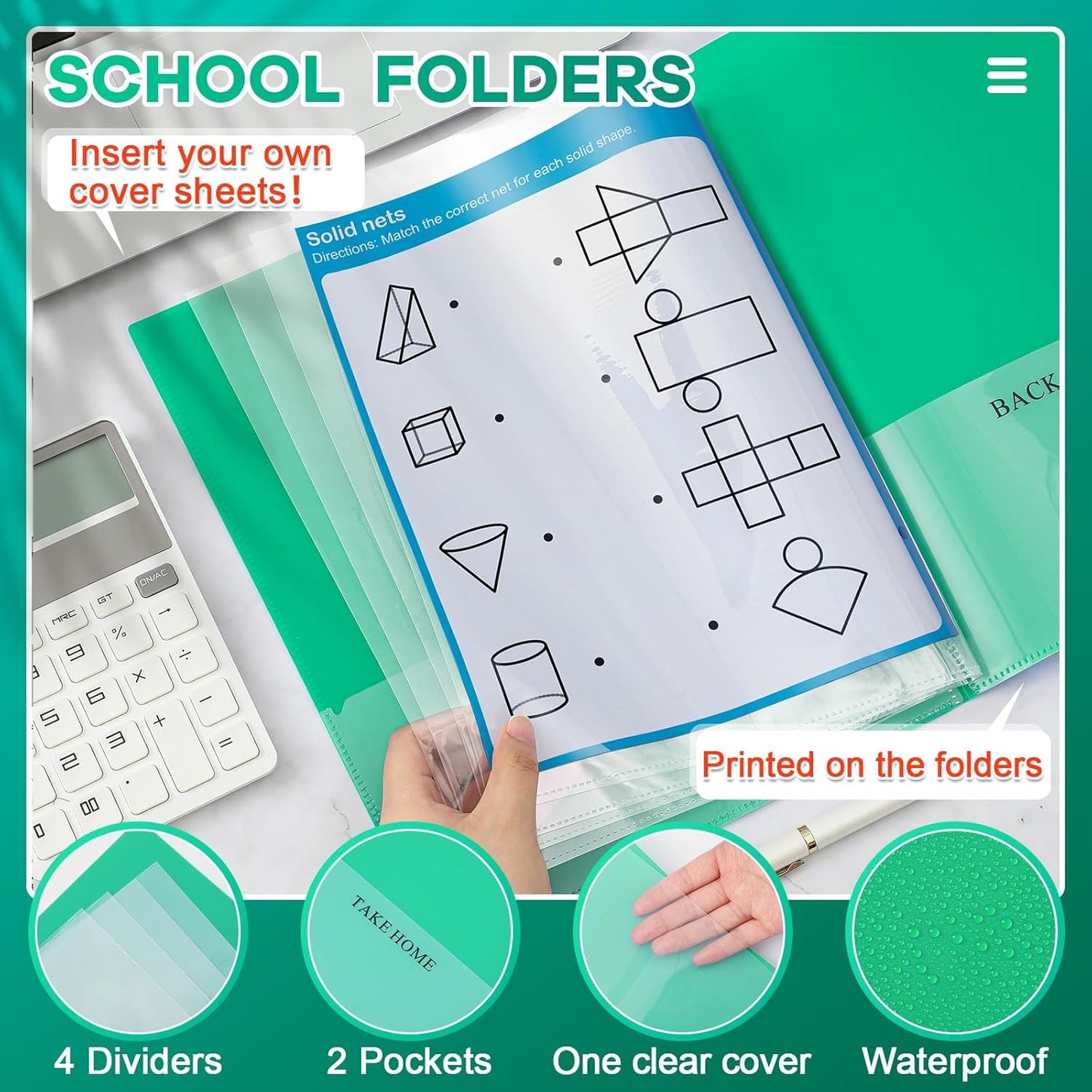 Henoyso 24 Pcs School and Home 2 Pocket Folders with 4 Clear Inner Pockets Plastic Heavy Duty Homework Folders Parent Teacher Communication for Student Home Office Classroom,11 x 9 Inch (Green)