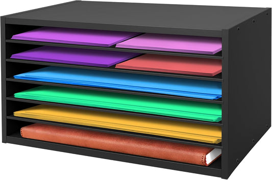 PROLEE Construction Paper Organizer 20" x 13.5" x12.2",Soild Wooden Paper Organizer with 6-Tier Letter Trays, Desktop File Papers Sorter for Home, Classroom and Office (Black)