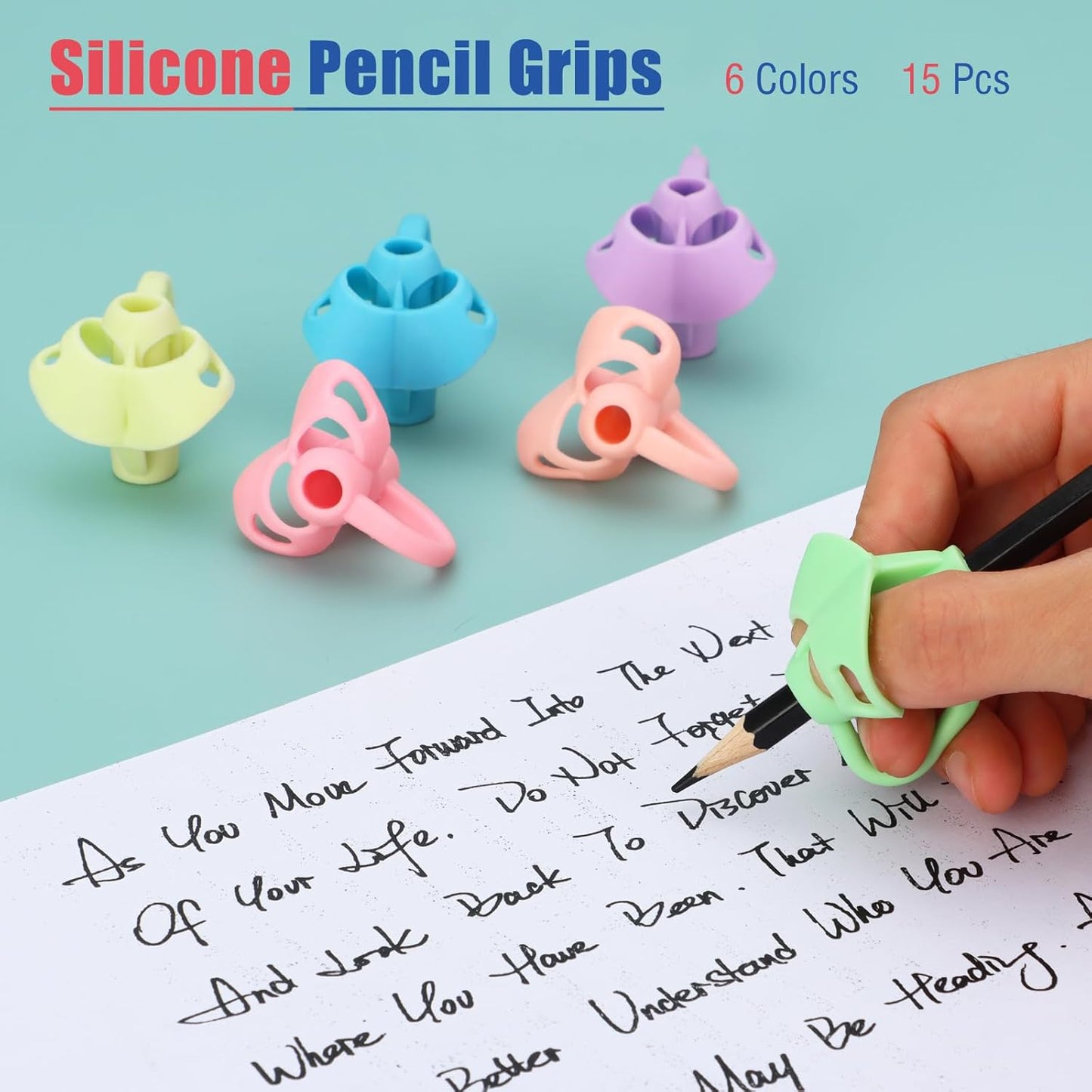 15 Pcs Pencil Grips with 3 Finger Rings for Kids Handwriting, 6 Colors Pencil Holders for Toddler Writing Tool, Ergonomic Pencil Gripper Cushions for Preschooler Needs in Classroom