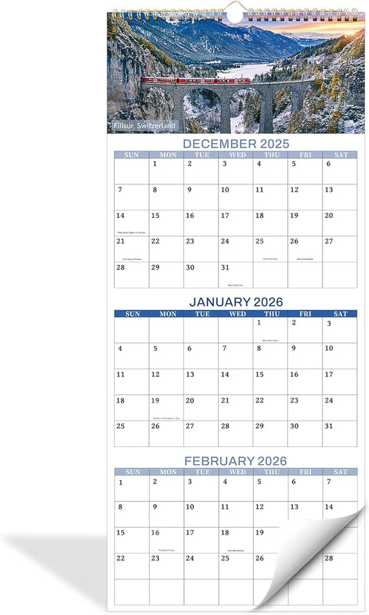 2026 Calendar - 3 Month Calendar 2026 Wall Calendar, 14 Months December 2025-January 2027, Vertical 3-Month Display Calendars 2026, 12 Unique Patterns 3 Month Wall Calendars 2026, 12"×26"