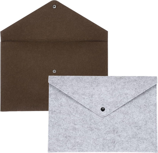 uxcell 2 Pcs Felt File Folders, A4 Envelope Folder File Document Storage Bag Portable File Folder Organizer Case with Button Closure for Office Business(Light Grey/Dark Brown)