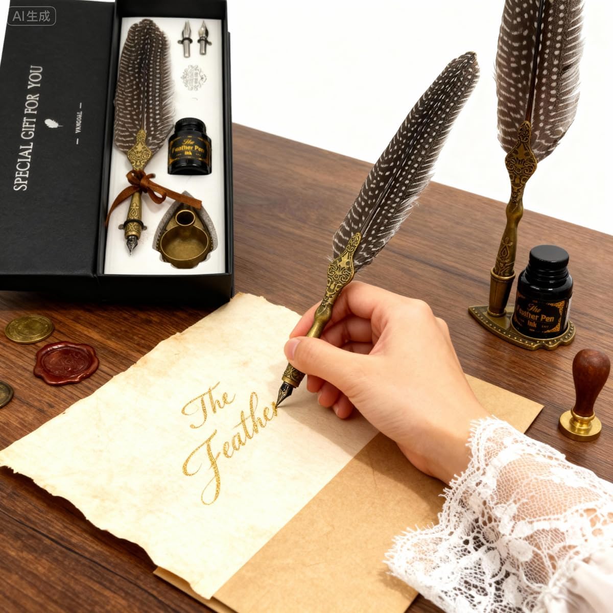 VANGOAL Vintage Feather Pen and Ink Set, Classic Series Pheasant Quill Pen with Carving Pen Stand, Calligraphy Pen Nibs, Black Dip Pen Ink, Antique Writing Gift for Writer