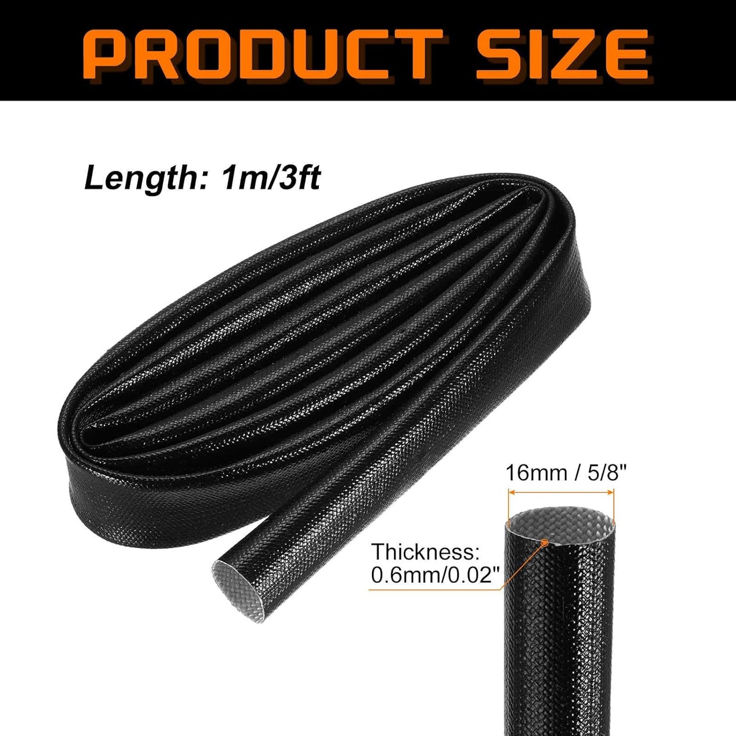 MECCANIXITY 3ft Braided Cable Sleeve, 5/8" ID 200C High Temperature 1500V Fiberglass Wire Insulation Cord Protector Organizer Wires Management for Motor Engine Fuel Line, Black