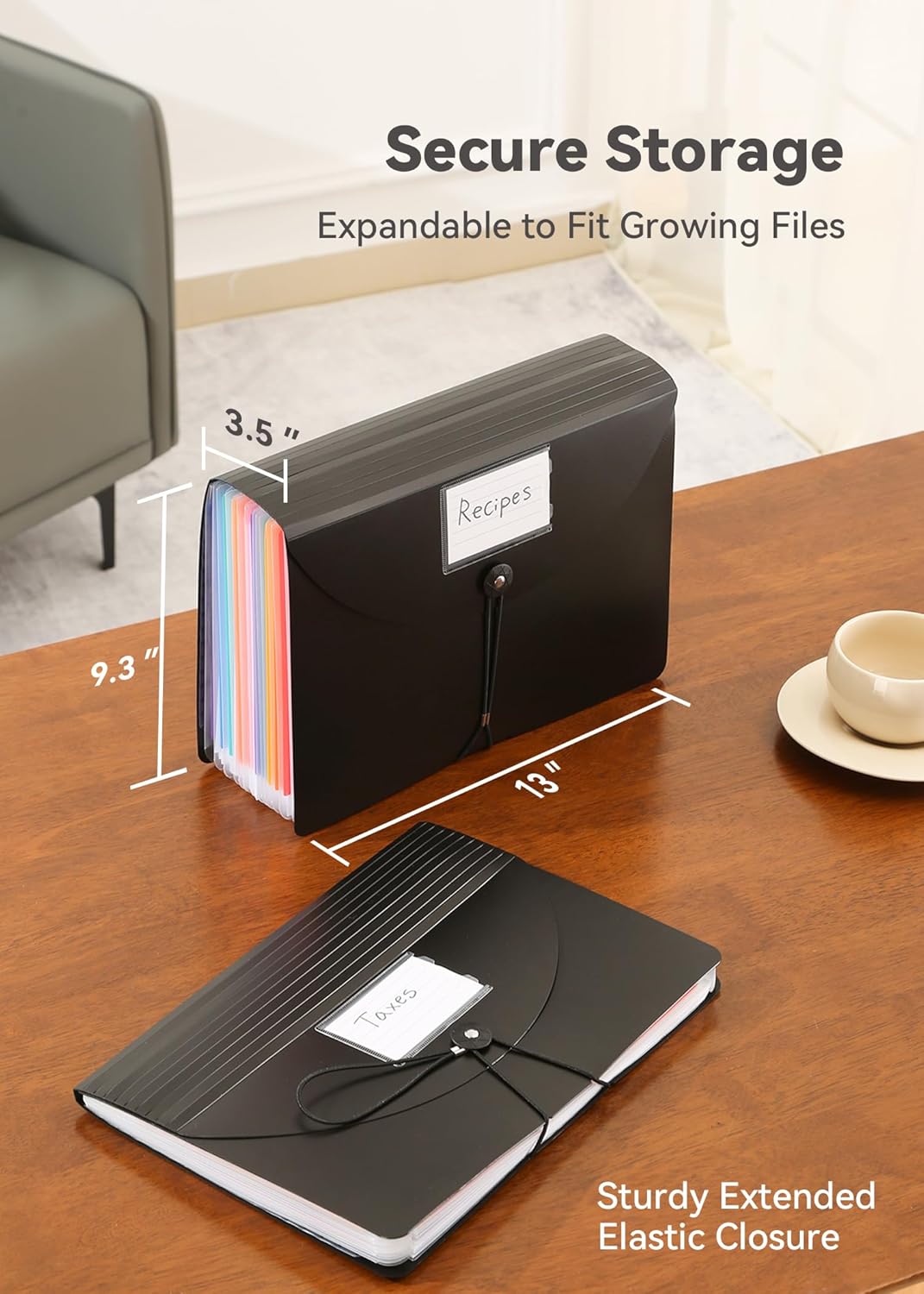 Accordion File Organizer 12 Pockets, Monthly Bill Receipt Tax Organizer, Expanding File Folders with Larger Bright Tabs, Fits Letter/A4 Size - Black