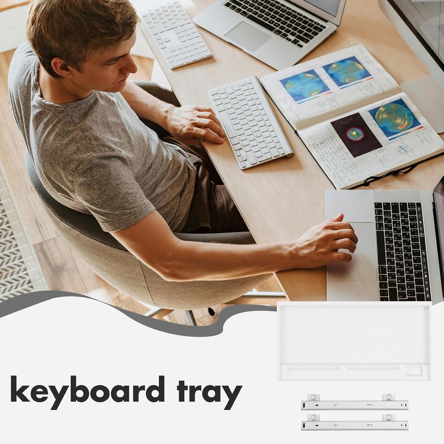 Under Desk Keyboard Tray Sliding Drawer Set with Clamp, Grey-White Keyboard Holder for Office Desk Storage and Computer Workspace Organization