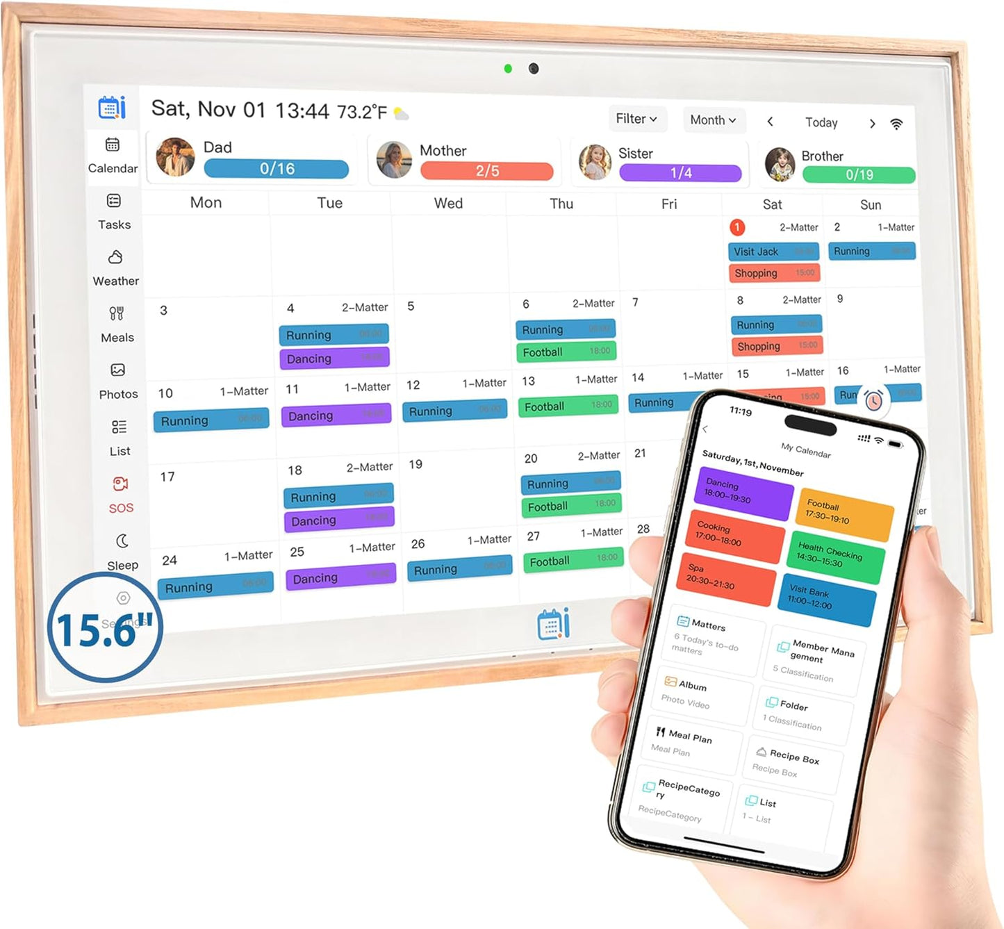 USIN 15.6 inch Wooden Digital Calendar, Wall Touch Screen Home Organizor, Family Chore Charts and Meal Planner, Interactive Display schedule, Desk and Wall Mounted, Electronic Calendars with Free App