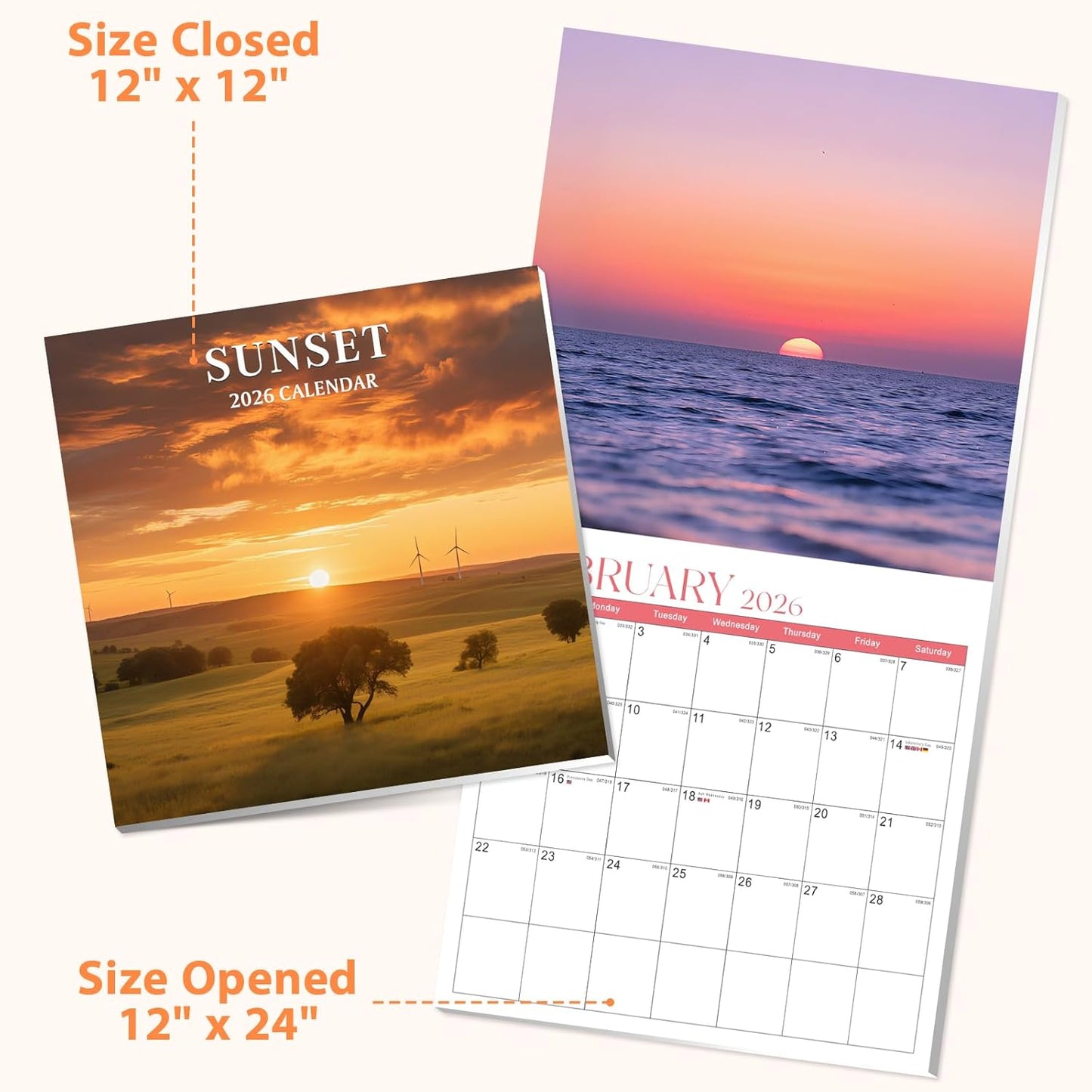 2026 Calendar, 2026 Wall Calendar, Monthly Calendars 12 Month Sunset Sunrise 12" x 24" Opened, Thick Glossy Paper for Organizing Planning, Ideal for Home Office