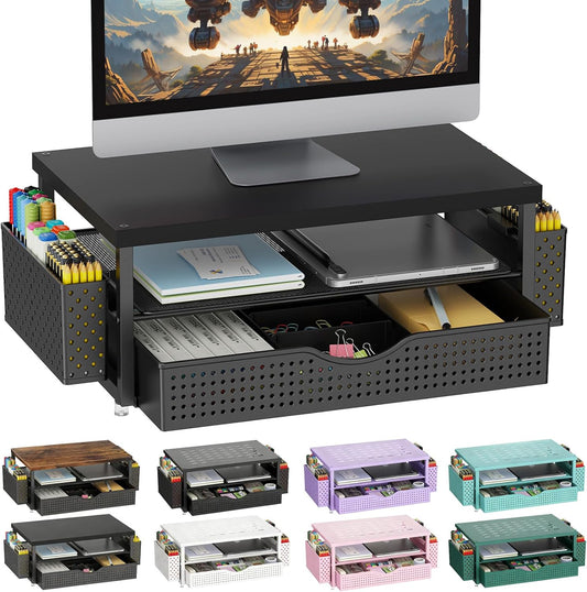 gianotter Wood Monitor Stand Riser, Office Desk Shelf Organizer, Desk Organizer with Drawer and Pen Holder, 2-Tier Computer Stand, Office Organization (Ink)