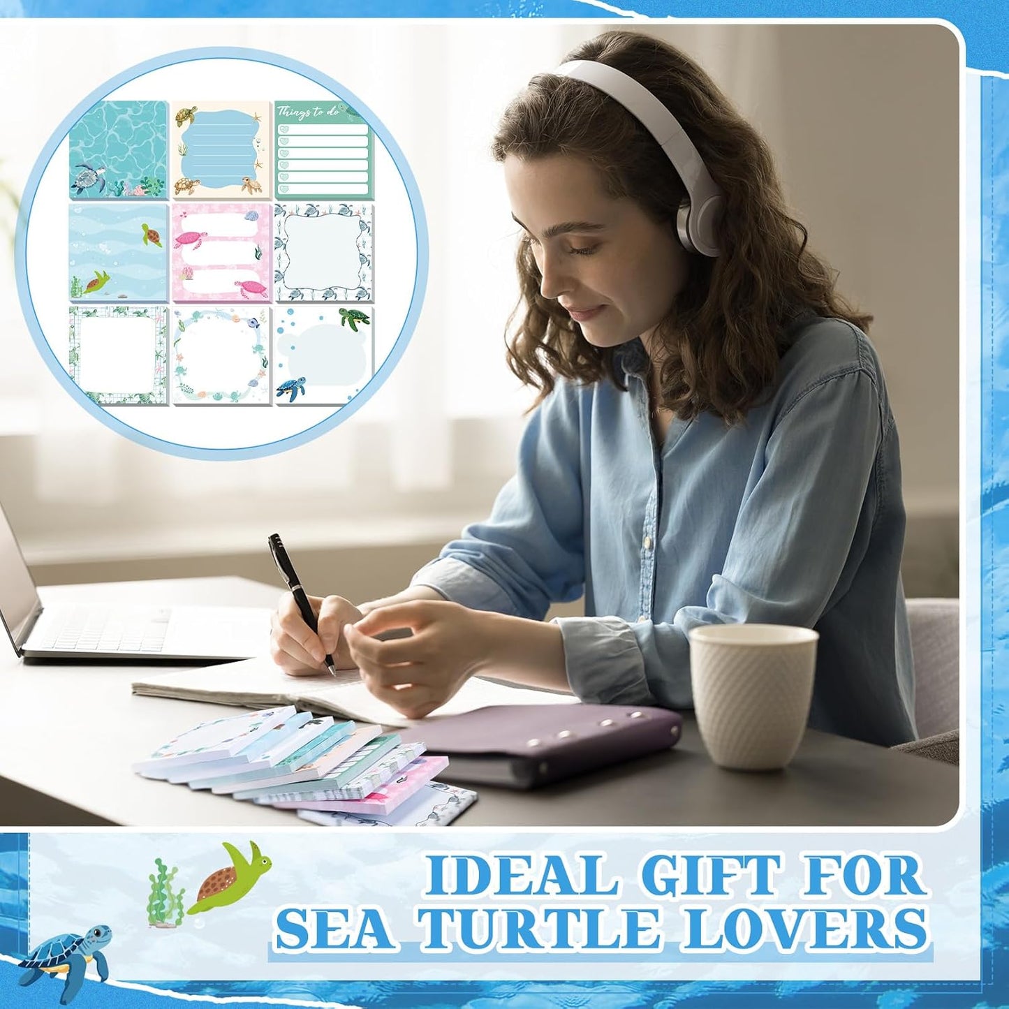 9 Pads Turtle Sticky Notes 3x3 Inch Cute Self Stick Notepads Notes Adhesive Memo Pad Office Decor Gifts for Students School Teacher Meeting Office Supplies