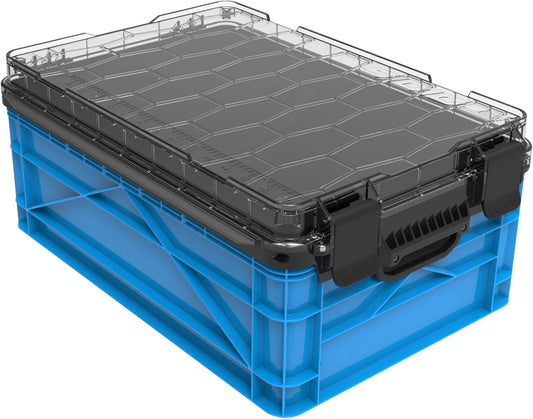 SIDIO Weather Resistant Stackable Storage Bins for Organization - Half-Size Plastic Bin with Dividers for Garage Organization, Home Storage - Heavy Duty Organizer Box (SidioBlue)