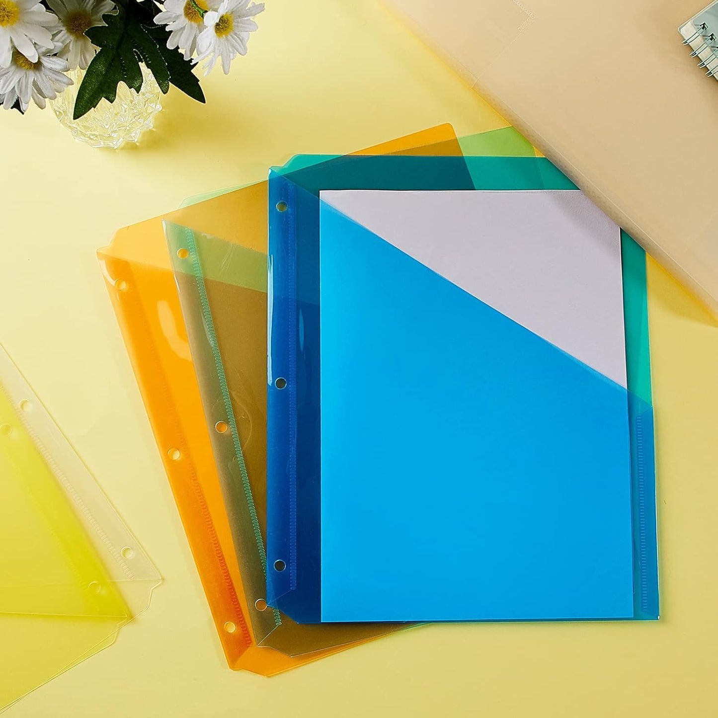 Maitys 30 Pack Binder Pockets 3 Hole Punch Clear Plastic Document Folders Binder Organizer Store Letter Size 8.5x11 Inch Paper Folders with Pockets Slash File Jacket for Office (Candy Color)