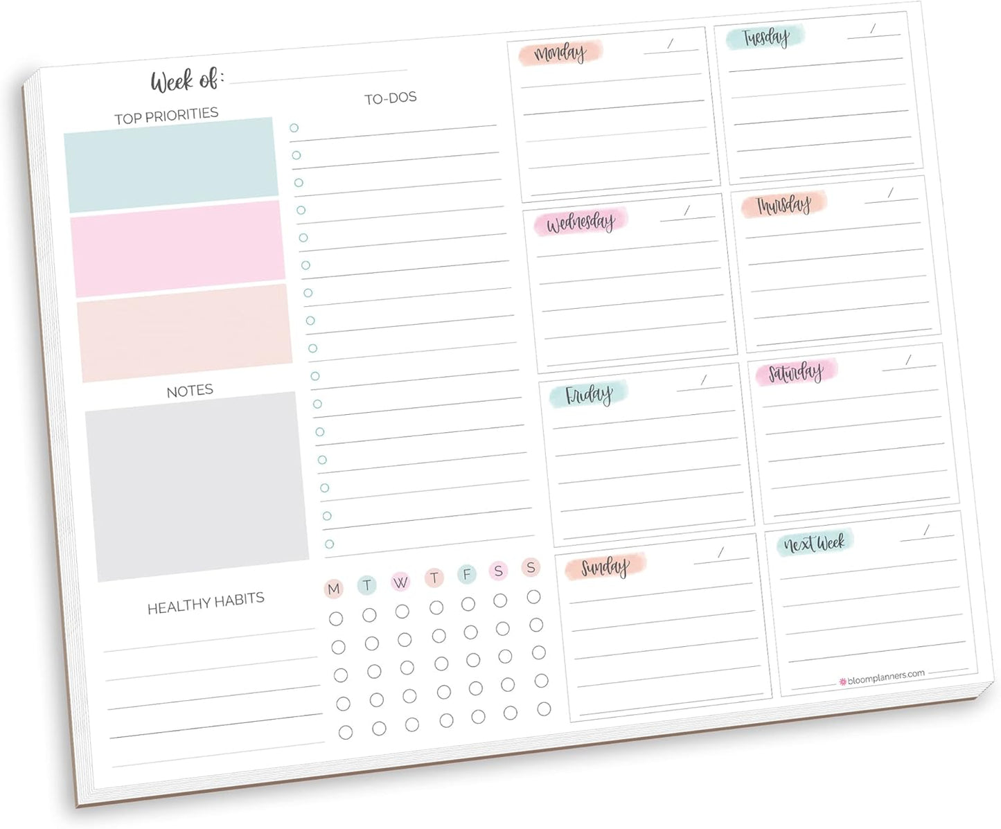 bloom daily planners Horizontal Weekly To Do List Notepad with 60 Undated Sheets - Weekly Desk Planner or Chore Pad with Priorities & Habit Tracker - 8.5” x 11” - Pastel