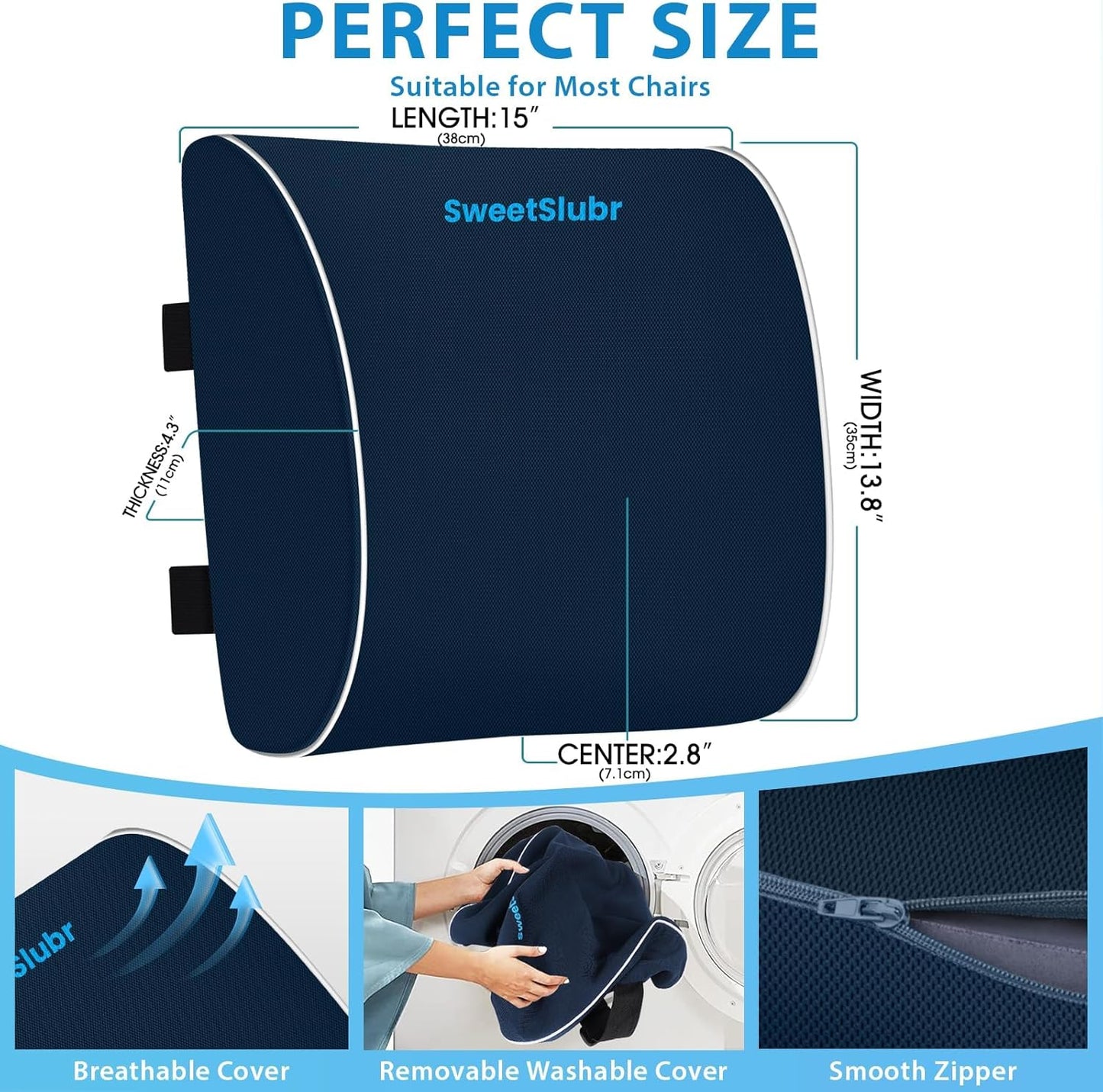 Large Lumbar Support Pillow for Office Chair, Car Seats and Home Desks, Ergonomic Back Support with Double Adjustable Straps, Machine Washable Cover, Gray