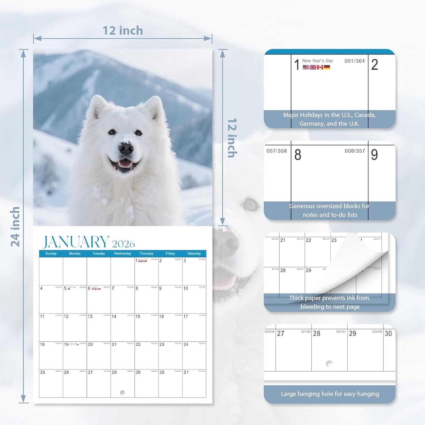 2026 Wall Calendar, Large Monthly Wall Calendar Dogs, Jan 2026 - Dec 2026, 12" x 24" (Opened), Hanging Planning Calendars for Family Home Office Supplies