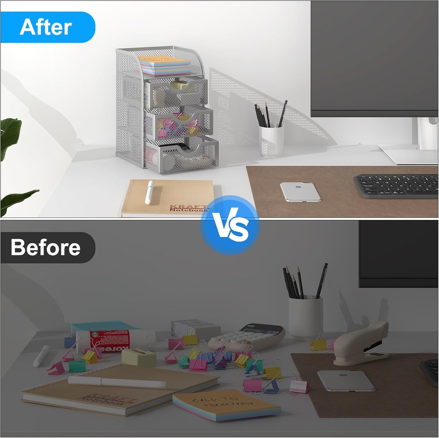 EasyPAG Mesh Desk Organizer with 3 Drawer Office Desktop Organizers and Accessories Stationery Caddy for Office, Home, Students, Silver