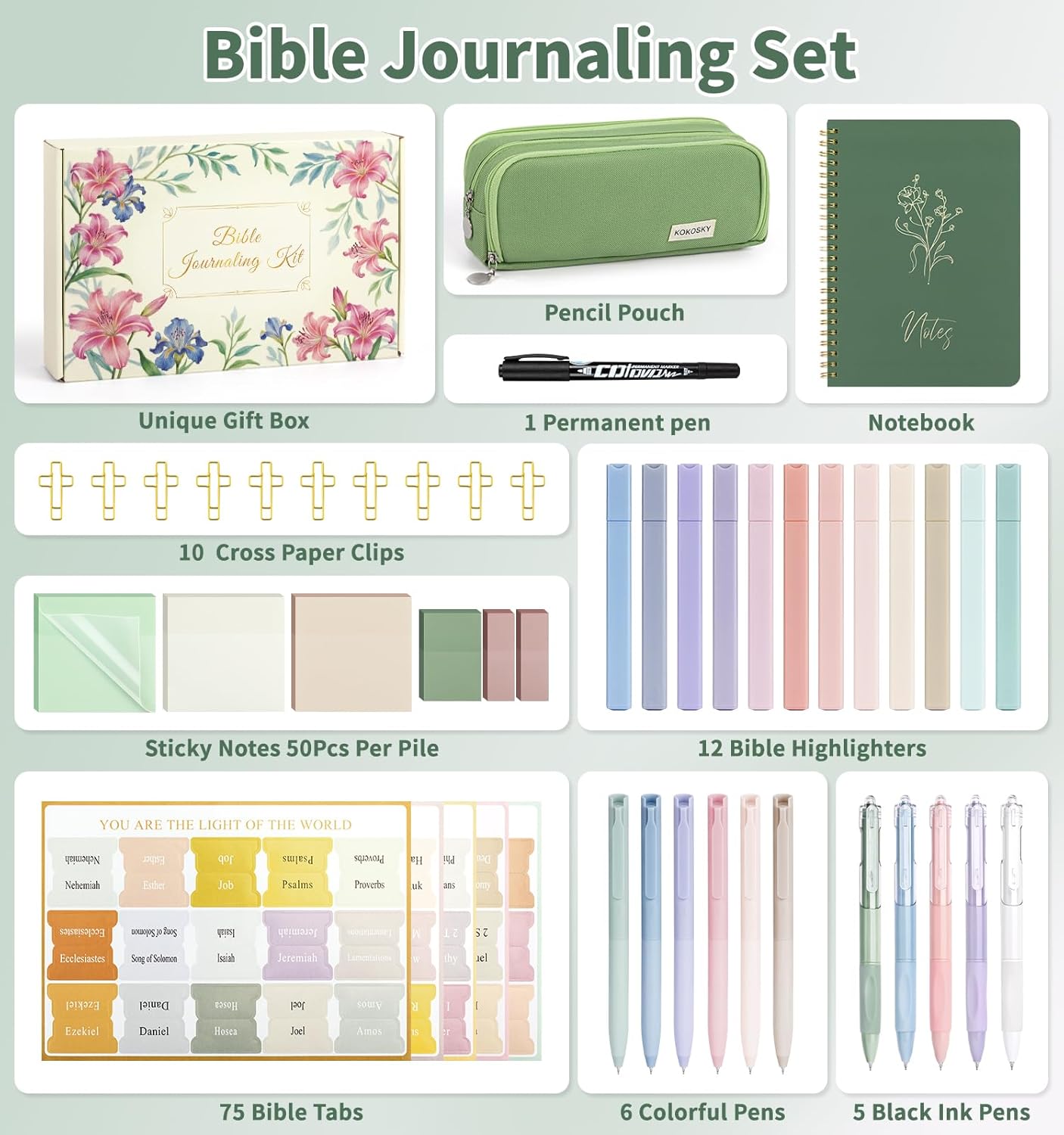 47Pcs Bible Study Supplies, Bible Journaling Kit for Women, Pencil Case, 12 Pastel No Bleed Highlighters and 6 Colored Pens, Bible Tabs and More, Bible Study Tools, Book Annotation Kit for Women & Men