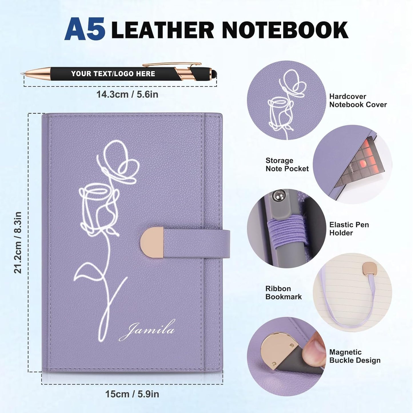 ENOMY Personalized Notebook &10 PC Stylus Pens Custom A5 Notebook with Storage Pocket Personalized Journal with Magnetic Closure for College Holiday Office Business Gift, Brown