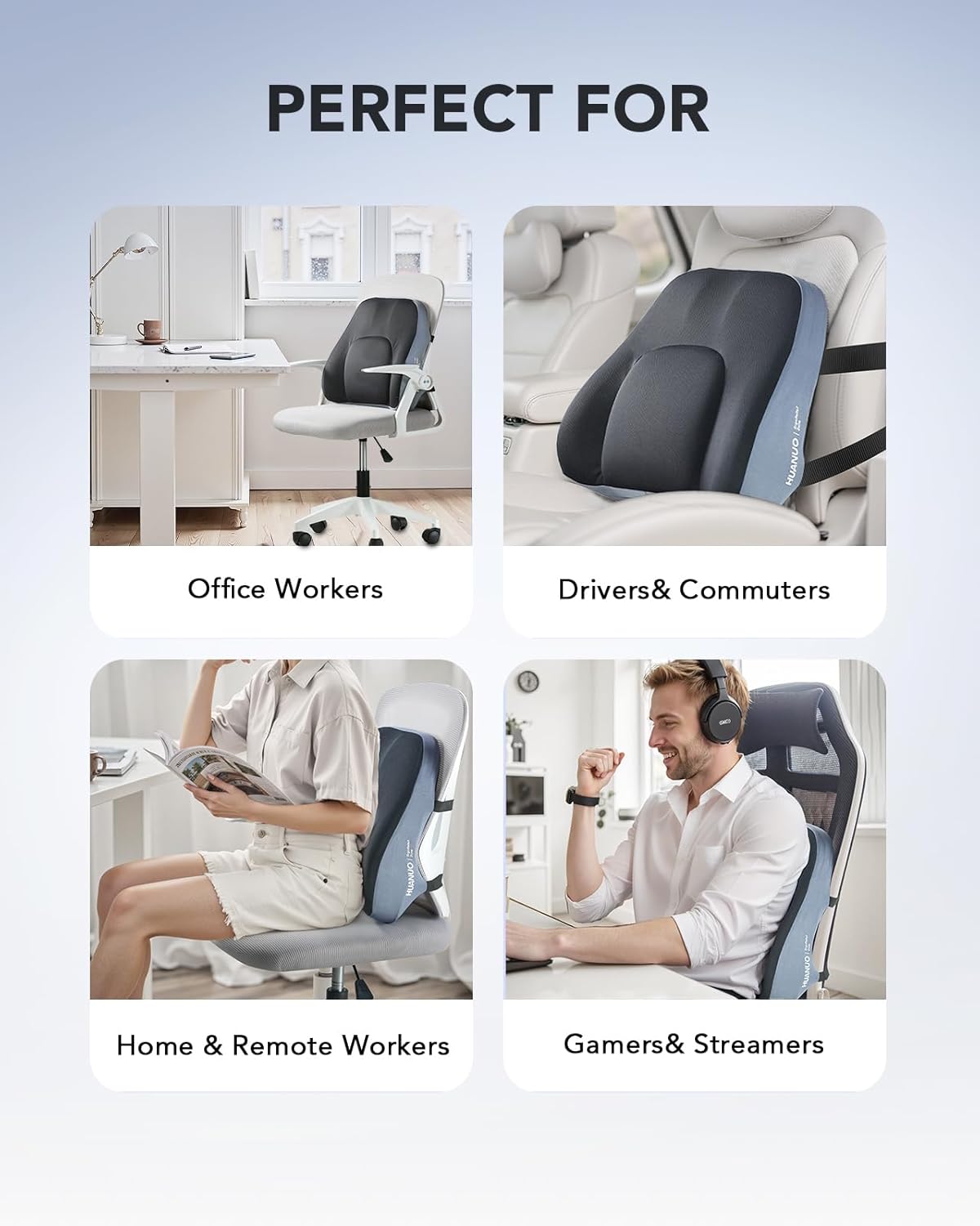 HUANUO Lumbar Support Pillow for Office Chair, Car Back Support Pillow, Memory Foam Back Cushion with Double Adjustable Straps, Ergonomic Posture Corrector for Sitting Comfort