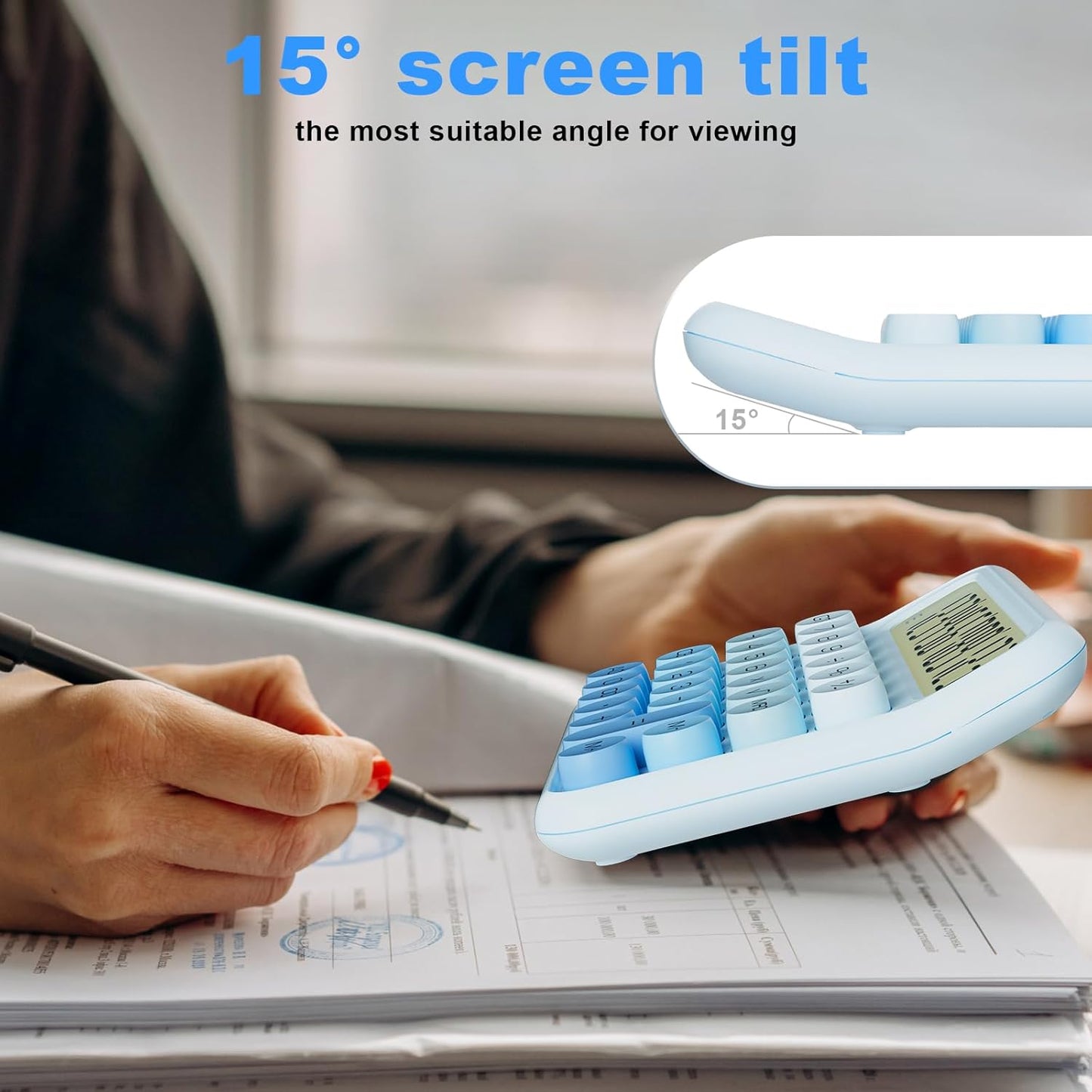 DECKLIT Battery Desk Calculator - 12 Digit Extra Large 5-Inch LCD Display, Big Buttons Easy to Press, 15 Tilt Screen (Ice Blue)