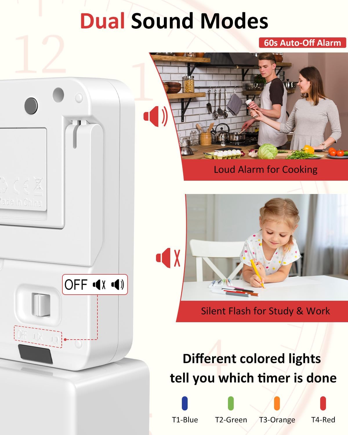 Digital Kitchen Timer for Cooking - 4 Channel Count Up Countdown Timer with Loud Alarm and Silent Mode, Large Display, Magnetic Back, Auto Memory for Classroom Study Gym, Battery Included (White)