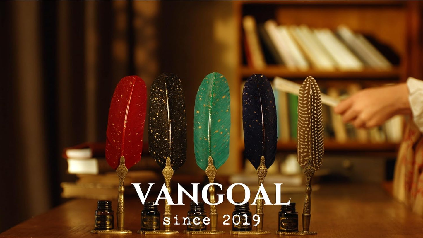 VANGOAL Vintage Feather Pen and Ink Set, Classic Series Pheasant Quill Pen with Carving Pen Stand, Calligraphy Pen Nibs, Black Dip Pen Ink, Antique Writing Gift for Writer