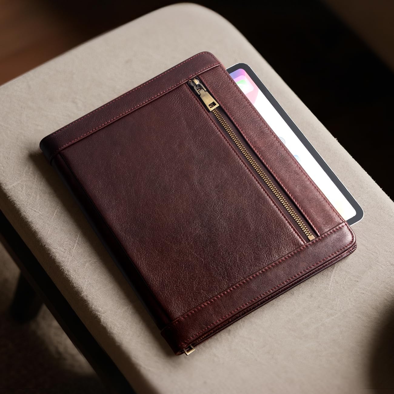 Augus Genuine Leather Portfolio with Zipper for Men/Women, Padfolio Business Resume A4/Pad, Folder Organizer, with Document Pocket, ID Window, Card Slots, Pen Holders (Brownish Red)