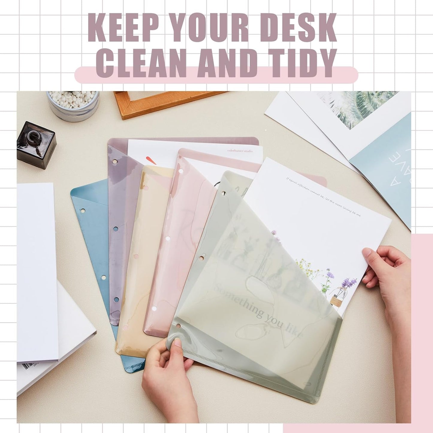 Maitys 50 Pack Binder Pockets 3 Hole Punch Clear Plastic Document Folders Binder Organizer Store Letter Size 8.5x11 Inch Paper Folders with Pockets Slash File Jacket for Office (Morandi Color)