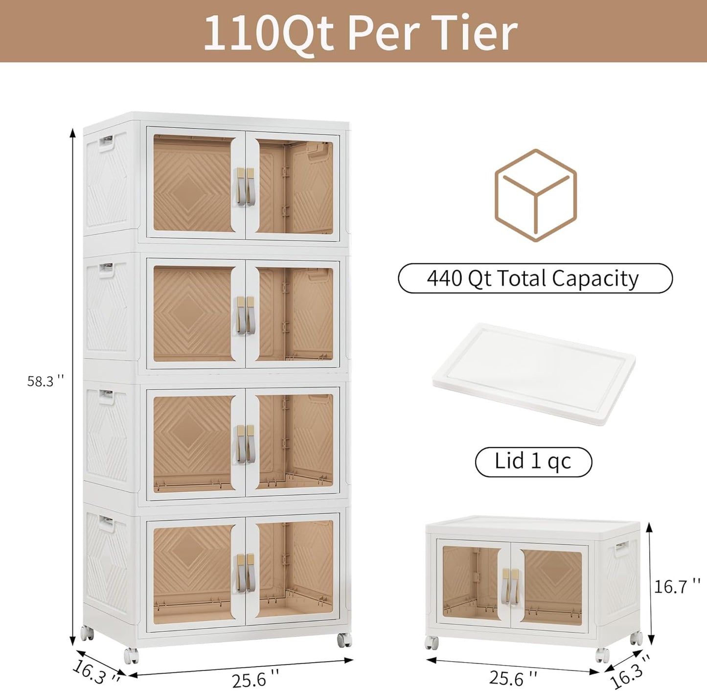 Large Stackable Storage Bins with Lids, 440QT-110QT*4Tier Foldable Cabinet for Closet Organizers, Plastic Storage Containers Box with Wheels