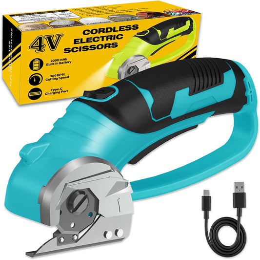 Cordless Electric Scissors, 4V Box Cutter & Cardboard Cutter with Upgrade Blade, LED Light, Safety Lock - Rechargeable Rotary Cutter for Fabric, Leather, Plastic, Sewing, Industrial (Aqua Blue)